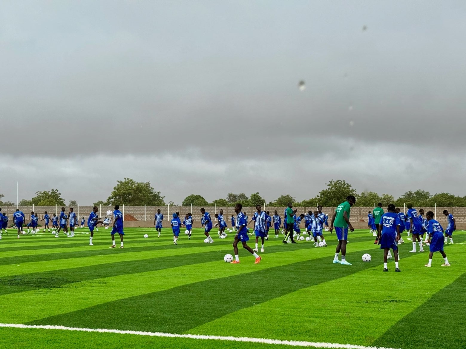 Young players training on the pitch with footballs